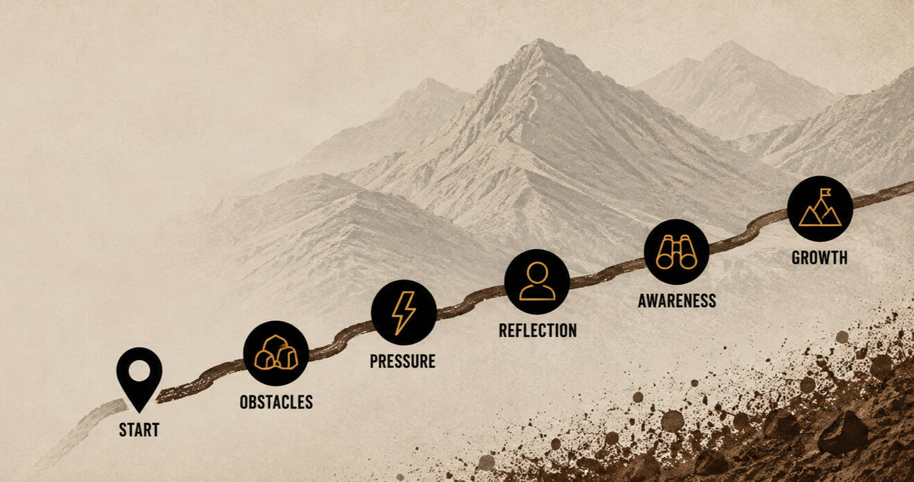 Dirt Road Leadership model showing the leadership journey from Start through Obstacles, Pressure, Reflection, Awareness, and Growth.